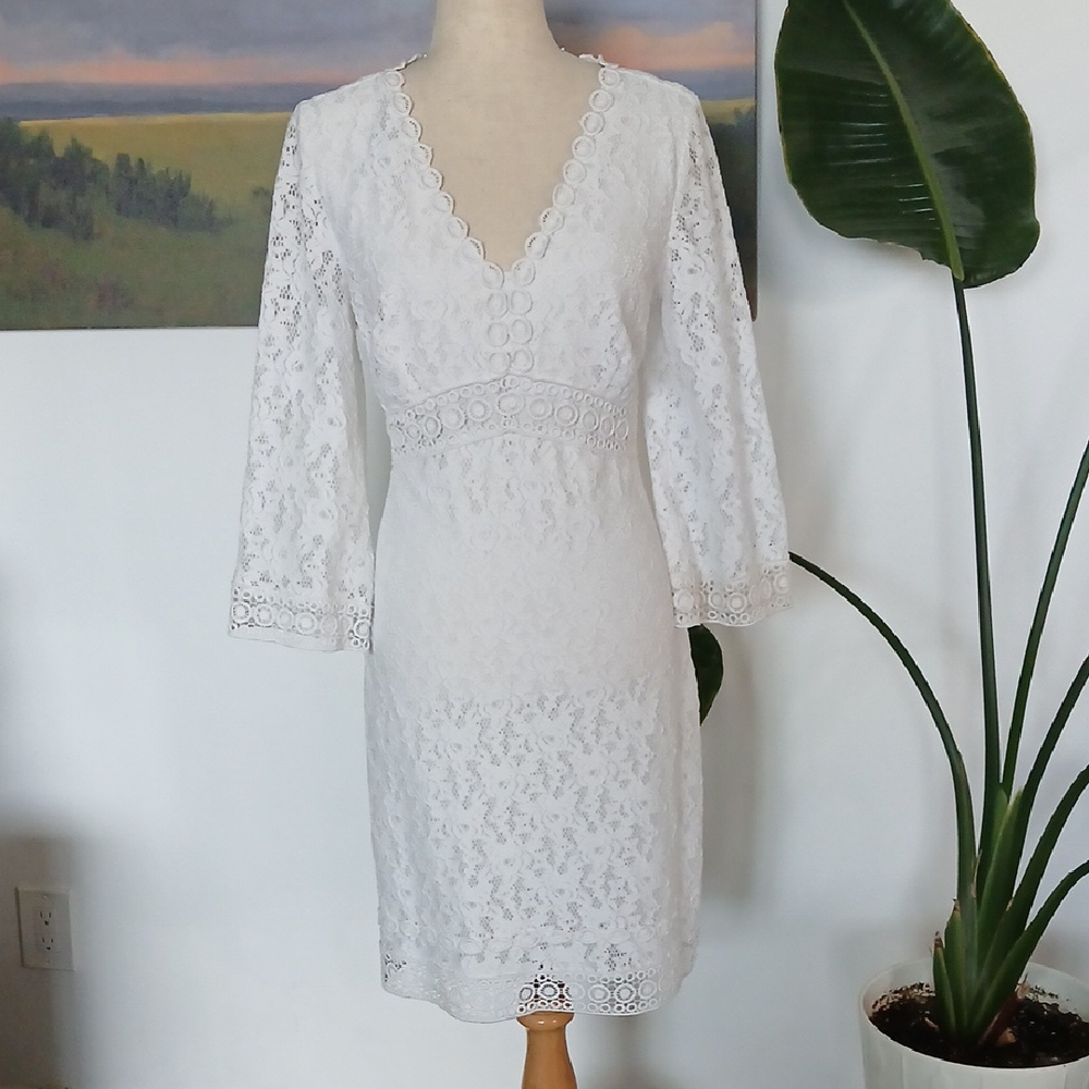 Laundry By Shelli Segal Boho White Lace Bell Sleeve Dress